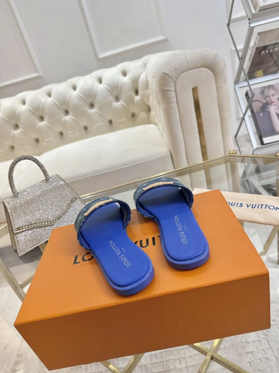 👟👟Ex-factory price 340👟👟 Genuine leather sole +40 Lv denim jacquard slippers, ex-factory price 70-43 Leather sole +40